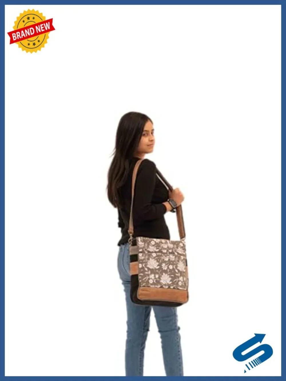 Canvas & Leather Shoulder Bag, Adjustable Crossbody Bag for Women